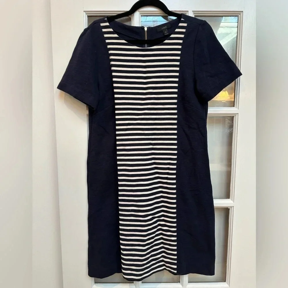 J. Crew | Navy Blue Ivory Texture Striped Cotton Shift Dress Women’s Size 10